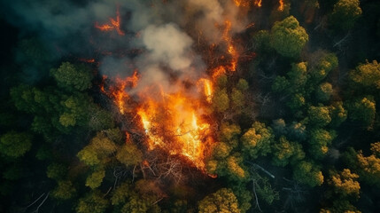 Fototapeta na wymiar forest fire, a wildfire in a jungle, pine trees wildfire due to hotter climates, top view Generative AI