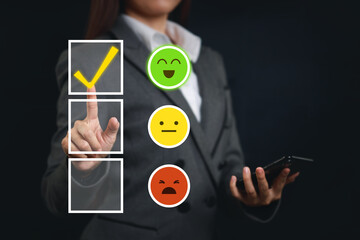 Smart customer woman hands pressing on online application screen with excellent 5.0 rating for...