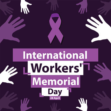 International Workers' Memorial Day vector banner design with purple color pallet, hand silhouette, ribbon icon and typography. Workers' Memorial Day modern simple poster background design.