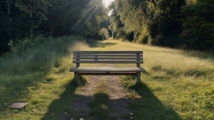 empty park bench with a path in front and grass and trees
