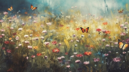 Fototapeta na wymiar spring meadow full of blooming flowers and butterflies. Spring aquarelle wallpaper. watercolor Generative AI