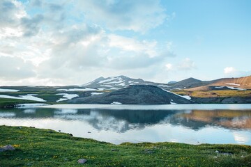 Scenic view of Stone lake with Aragats mountain in the background in Armenia