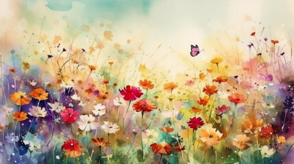 Obraz na płótnie Canvas spring meadow full of blooming flowers and butterflies. Spring aquarelle wallpaper. watercolor