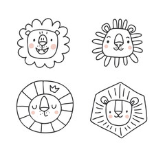 Lion heads set. Funny vector character drawing. 