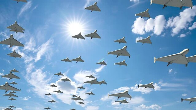 Armada of military drones flying against the backdrop of a beautiful cloudy sky.