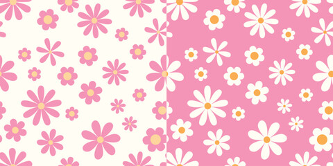 Cute pink seamless vector pattern. Camomile pattern for baby prints. Children abstract background.  - obrazy, fototapety, plakaty