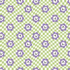 Smiled chamomiles retro checked groovy seamless pattern. Abstract wallpapers in 60s 70s colors. Vector clip art in hippie and preppy style. 