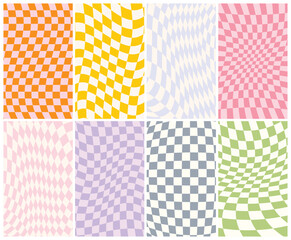 Retro wavy checked hippie backgrounds collection. Abstract wallpapers in 60s 70s colors. Vector clip art in groovy and preppy style. 