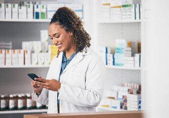 Pharmacist, phone or happy woman texting in pharmacy to contact, email communication or reading chat. Social media, or doctor on mobile app, typing or searching medical news on internet in workplace