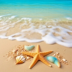 Fototapeta na wymiar Sea shells starfish tropical sand turquoise caribbean. Generative AI.