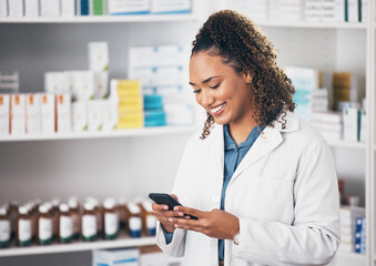 Pharmacist, smile and woman with smartphone, connection and telehealth with mobile app, social media and texting. Female employee, happy person and healthcare professional with cellphone and chatting