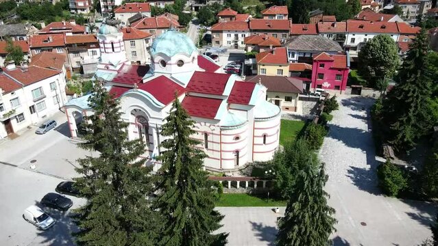 Aerial view of the church in the Batak city center in Bulgaria