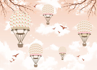 Wallpaper for the children's room. Photo wallpapers. Children's greeting card. 
hot air balloon in sky.