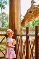 A girl feeds a giraffe in a cafe at Vinpearl Safari and Conservation Park on Phu Quoc , Vietnam.