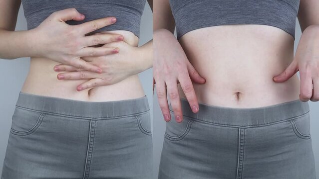 Before and after abdominal pain. On the left is a photo of how the person is hurt stomach, and on the right, that everything is fine for him and the abdominal cavity does not hurt anymore. Spasms
