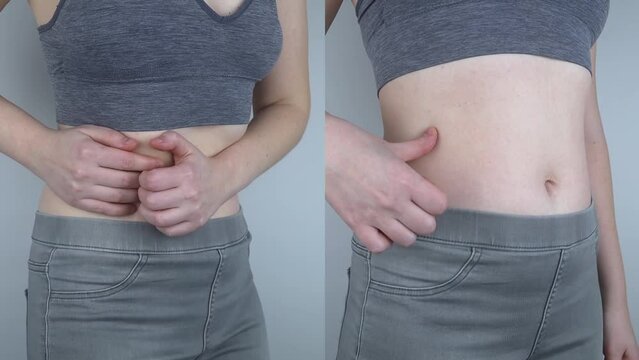 Pain in right side. The girl holds on to the right side of the abdominal cavity. Appendicitis, pancreatitis, rib pain. On right photo It shows that there is no pain. Treatment and healthcare