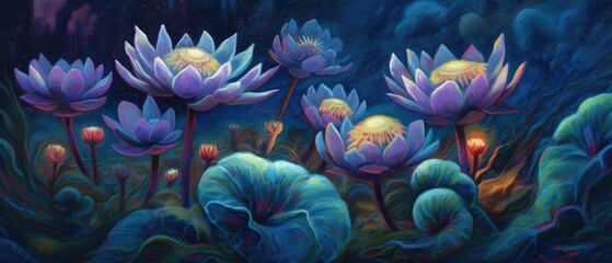 Midnight blue purple moon flowers in outdoor meadow, these vivid and colorful fantasy florals only bloom once a year at twilight - Generative AI.