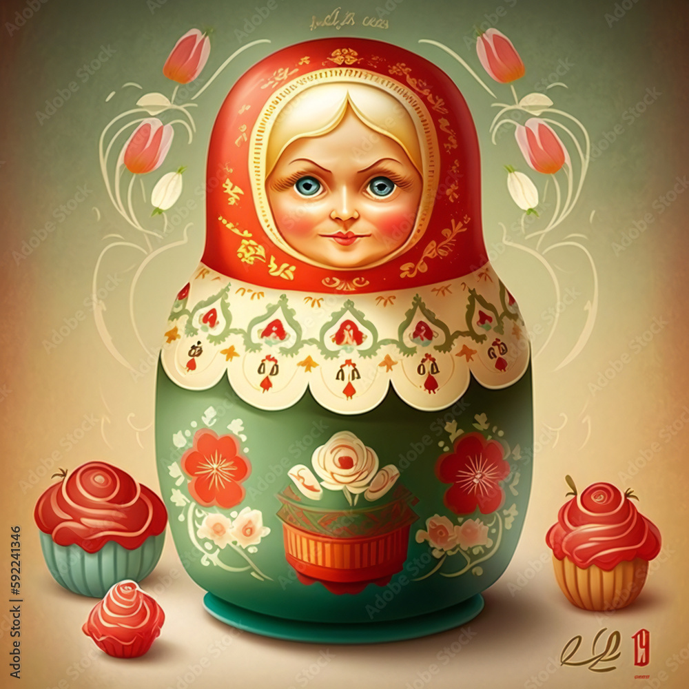 Wall mural Lovely Illustration Of Russian Matryoshka Nesting Doll With Small Muffins - Generative A.I. Art