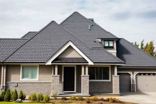 new house with roof made of shingles and metal, created with generative ai