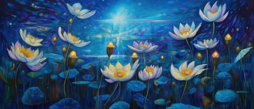 Midnight blue purple moon flowers in outdoor meadow, these vivid and colorful fantasy florals only bloom once a year at twilight - Generative AI.