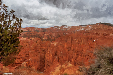 A snowy Bryce Canyon overlook captured in a digital image with watercolor-style painting effects