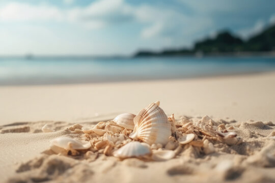 A scenic coastal view with a seashell on the sandy beach and the vast ocean in the background, a perfect image for beach and nature enthusiasts. AI Generative.