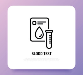 Blood test, medical report with blood droplet and test tube. Thin line icon. Vector illustration.