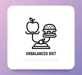 Unbalanced diet: scales with hamburger and apple. Unhealthy food. Vector illustration.