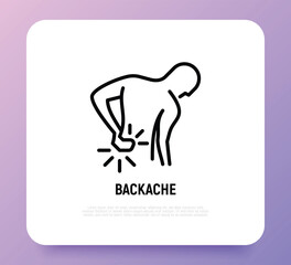 Obraz premium Backache thin line icon. Man touching his back. Osteoporosis, arthritis symptom. Vector illustration.