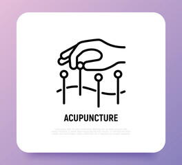 Acupuncture thin line icon. Hand with needle, alternative medicine. Pain relief, arthritis treatment. Vector illustration.