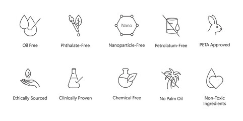 Oil free, phthalate free, nanoparticle free, petroleum free, peta approved, ethically sourced, clinically proven, no palm oil, non toxic ingredients icon set