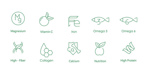 magnesium, vitamin c, iron, omega 3, omega 6, high fiber, collagen, calcium, nutrition, high fiber icon set vector illustrtaion - obrazy, fototapety, plakaty