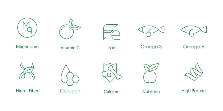 magnesium, vitamin c, iron, omega 3, omega 6, high fiber, collagen, calcium, nutrition, high fiber icon set vector illustrtaion
