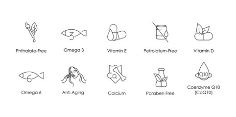phthalate free, omega 3, vitamin e, petroleum free, vitamin d, omega 6, anti aging, calcium, paraben free, coenzyme 10 icon set vector illustration
