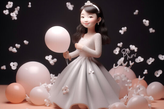 Cute asian bride ready to get married in white dress surrounded with balloons. Digitally generated ai image.
