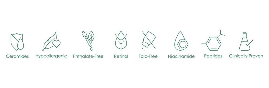 ceramides, hypoallergenic, phthalate free, retinol, talc free, niacinamides, peptides, clinically proven icon set vector illustration 