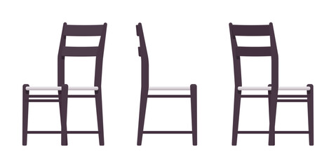 Ladder back black wood dining chair set. Restaurant, bar, café, kitchen classic seating. Vector flat style cartoon home, office furniture articles isolated on white background front, side, rear view