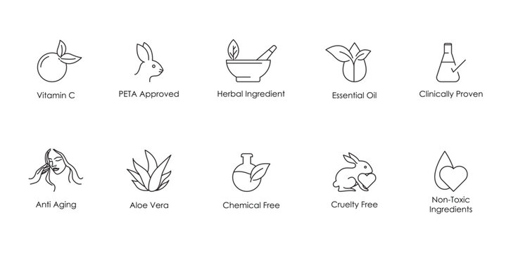 vitamin c, peta approved, herbal ingredient, essential oil, clinically proved, anti aging, aloe vera, chemical free, cruelty free, no toxic ingredients icon set vector illustration 
