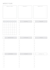 A weekly plan design template in a modern, simple, and minimalist style. Note, scheduler, diary, calendar, planner document template illustration.