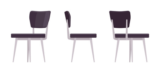 Chairs interior black set for dining, kitchen, living, guest room. Reading, desk seat. Vector flat style cartoon home, office furniture articles isolated, white background front, side, rear view
