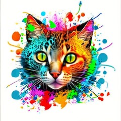 Portrait drawing of a cat surrounded by decorative color drops
