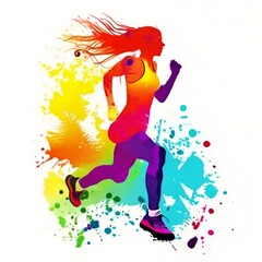 Artistic silhouettes of a running woman, energetic color splashes