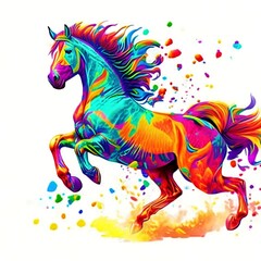 Fototapeta na wymiar Drawing of a galloping horse, artistic explosion of colors that decorate the figure of the animal