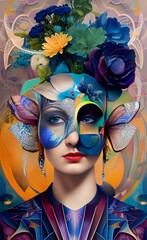 Fototapeta premium Beautiful girl with creative make up and flowers on her head.