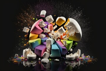 Pieces of broken colorful marshmallow with splashes on black background