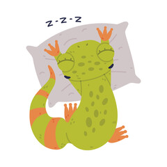 Funny Green Gecko Character Lying on Pillow and Sleeping Vector Illustration