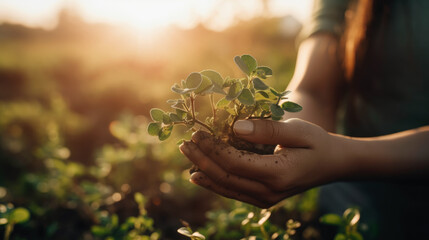 Manos de mujer, sosteniendo una pequeña planta al atardecer en la naturaleza.Ilustración de IA Generativa - obrazy, fototapety, plakaty