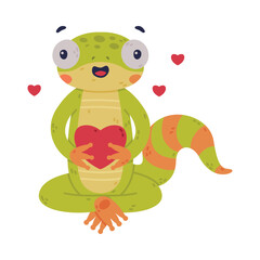 Funny Green Gecko Character Sitting with Red Heart Feeling Love Vector Illustration