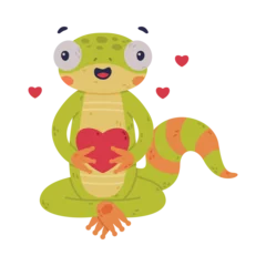 Fotobehang Funny Green Gecko Character Sitting with Red Heart Feeling Love Vector Illustration © topvectors