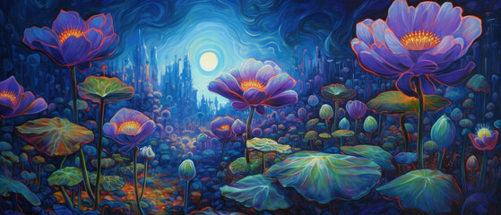 Obraz na płótnie Canvas Midnight blue purple moon flowers in outdoor meadow, these vivid and colorful fantasy florals only bloom once a year at twilight - Generative AI.